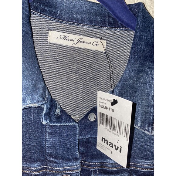new Mavi crop Jean jacket denim distressed grunge moto biker  S Stretchy y2k 90s - Picture 3 of 8